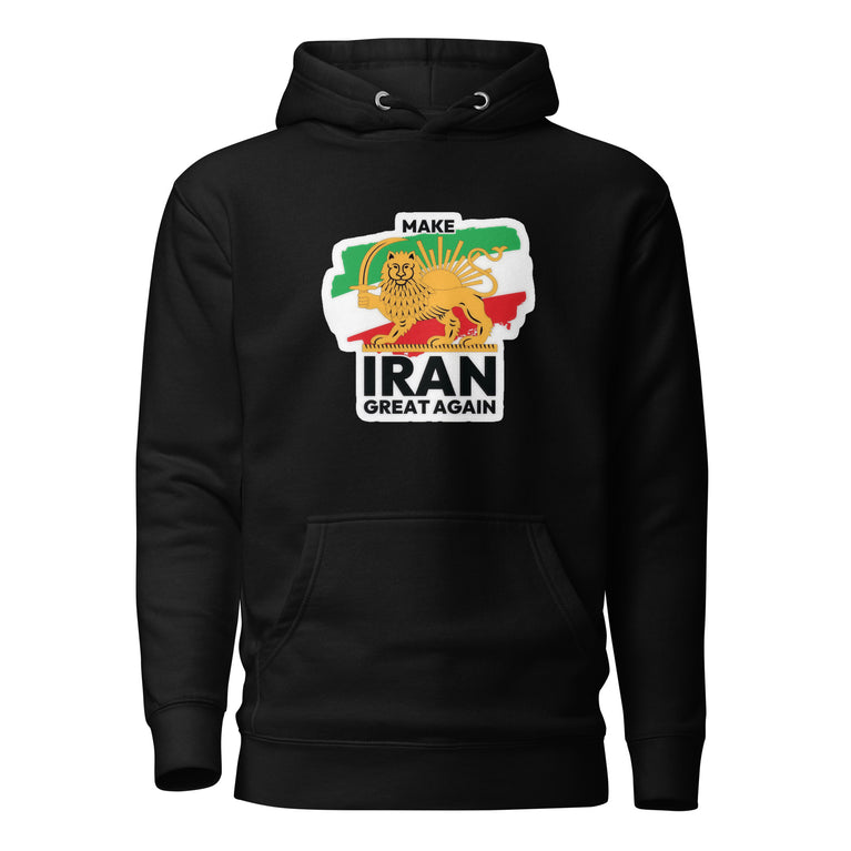 Make Iran Great Again Unisex Hoodie featuring a lion emblem and vibrant colors on a Black.
