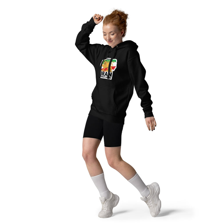 Make Iran Great Again Unisex Hoodie featuring a lion emblem and vibrant colors on a Black.