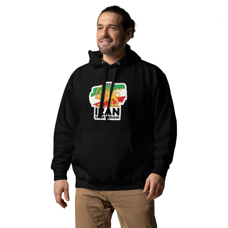 Make Iran Great Again Unisex Hoodie featuring a lion emblem and vibrant colors on a Black.