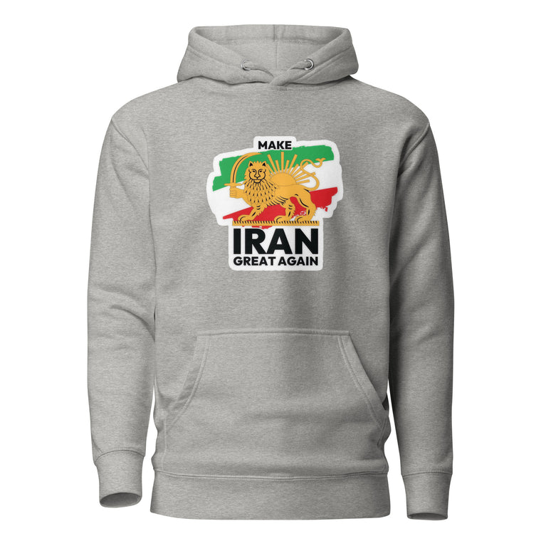 Make Iran Great Again Unisex Hoodie featuring a lion emblem and vibrant colors on a Gray.