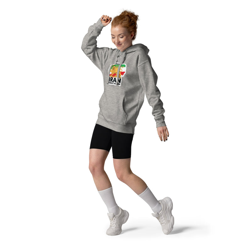 Make Iran Great Again Unisex Hoodie featuring a lion emblem and vibrant colors on a Gray.