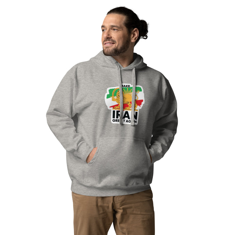 Make Iran Great Again Unisex Hoodie featuring a lion emblem and vibrant colors on a Gray.