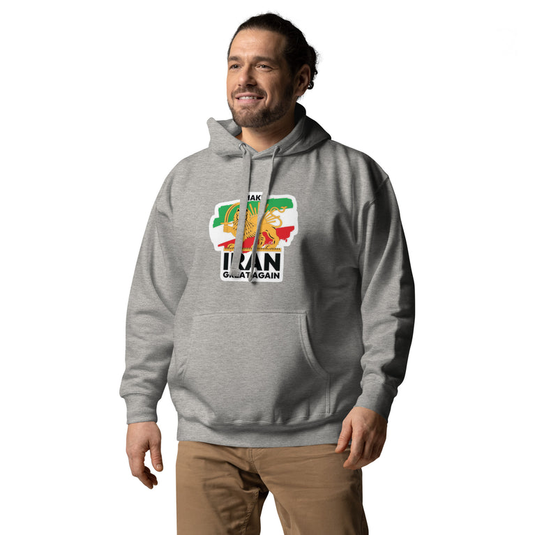 Make Iran Great Again Unisex Hoodie featuring a lion emblem and vibrant colors on a Gray.