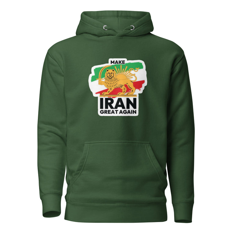 Make Iran Great Again Unisex Hoodie featuring a lion emblem and vibrant colors on a Green.