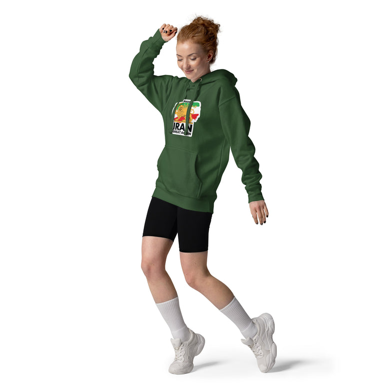 Make Iran Great Again Unisex Hoodie featuring a lion emblem and vibrant colors on a Green.