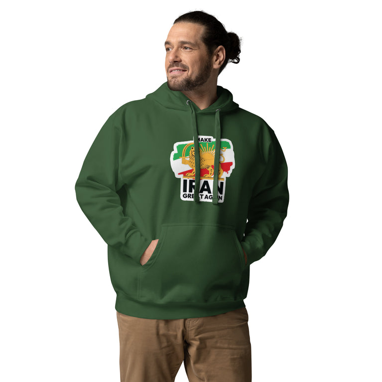 Make Iran Great Again Unisex Hoodie featuring a lion emblem and vibrant colors on a Green.