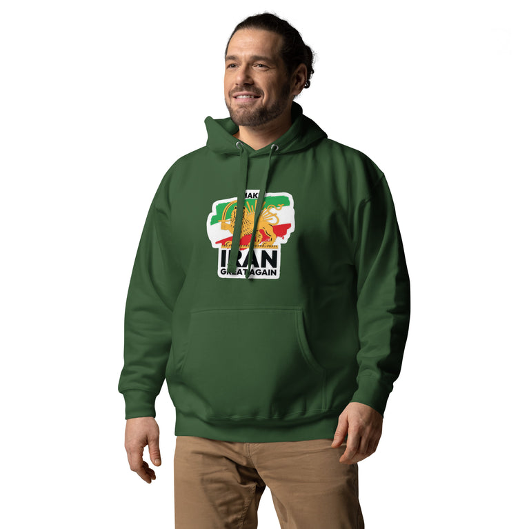 Make Iran Great Again Unisex Hoodie featuring a lion emblem and vibrant colors on a Green.