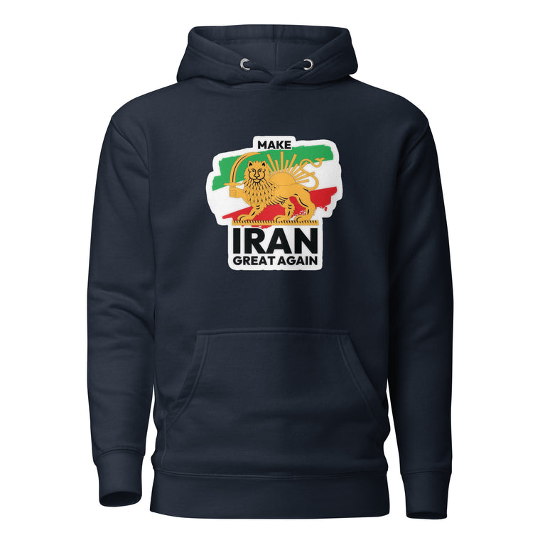 Make Iran Great Again Unisex Hoodie featuring a lion emblem and vibrant colors on a navy.