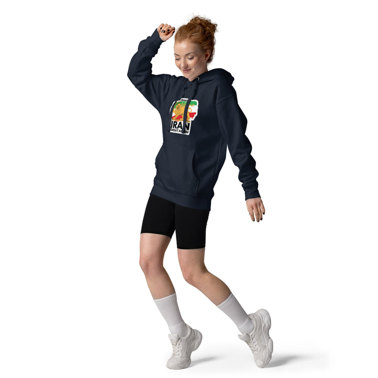 Make Iran Great Again Unisex Hoodie featuring a lion emblem and vibrant colors on a navy.