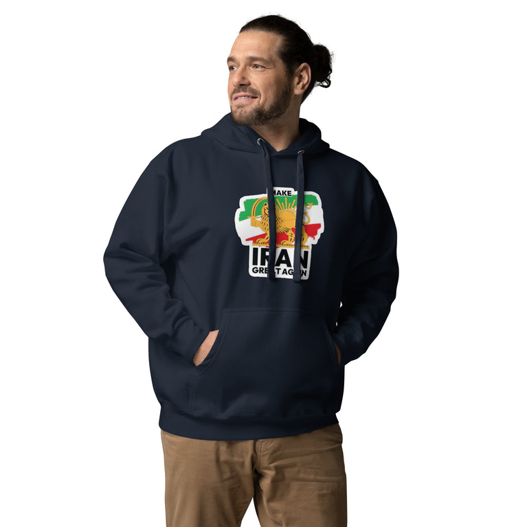 Make Iran Great Again Unisex Hoodie featuring a lion emblem and vibrant colors on a navy.