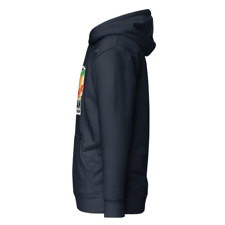 Make Iran Great Again Unisex Hoodie featuring a lion emblem and vibrant colors on a navy.