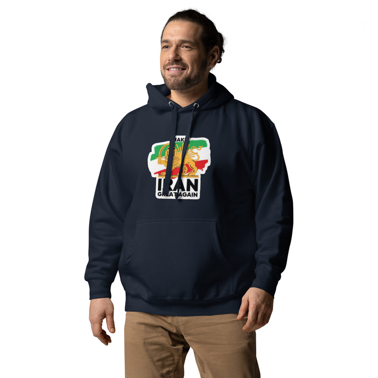 Make Iran Great Again Unisex Hoodie featuring a lion emblem and vibrant colors on a navy background.