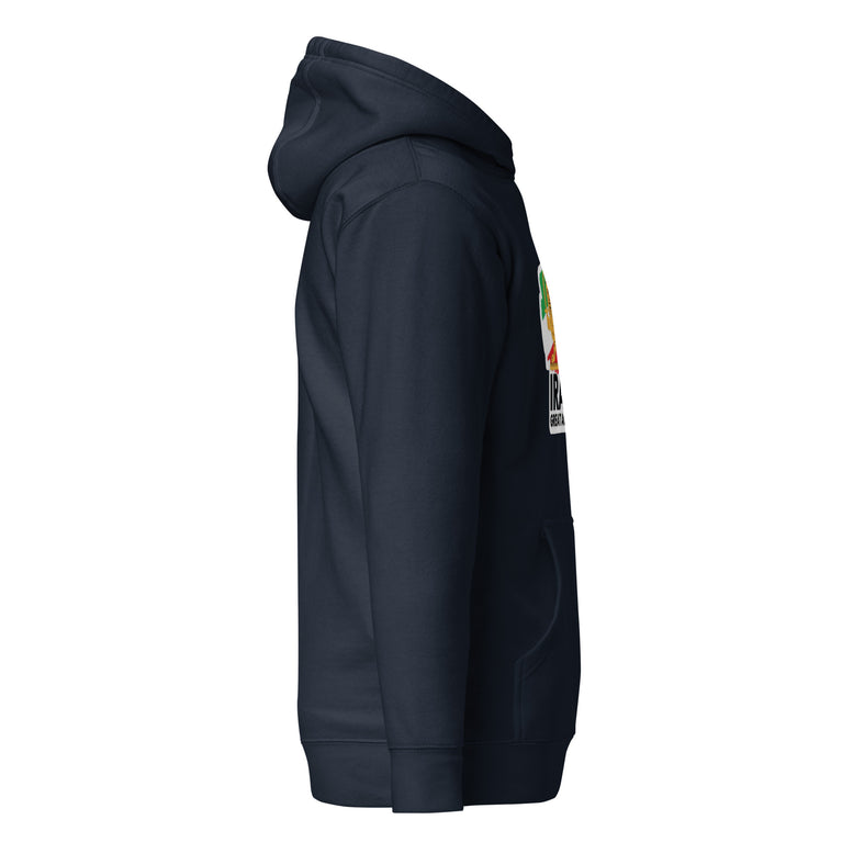Make Iran Great Again Unisex Hoodie featuring a lion emblem and vibrant colors on a navy.