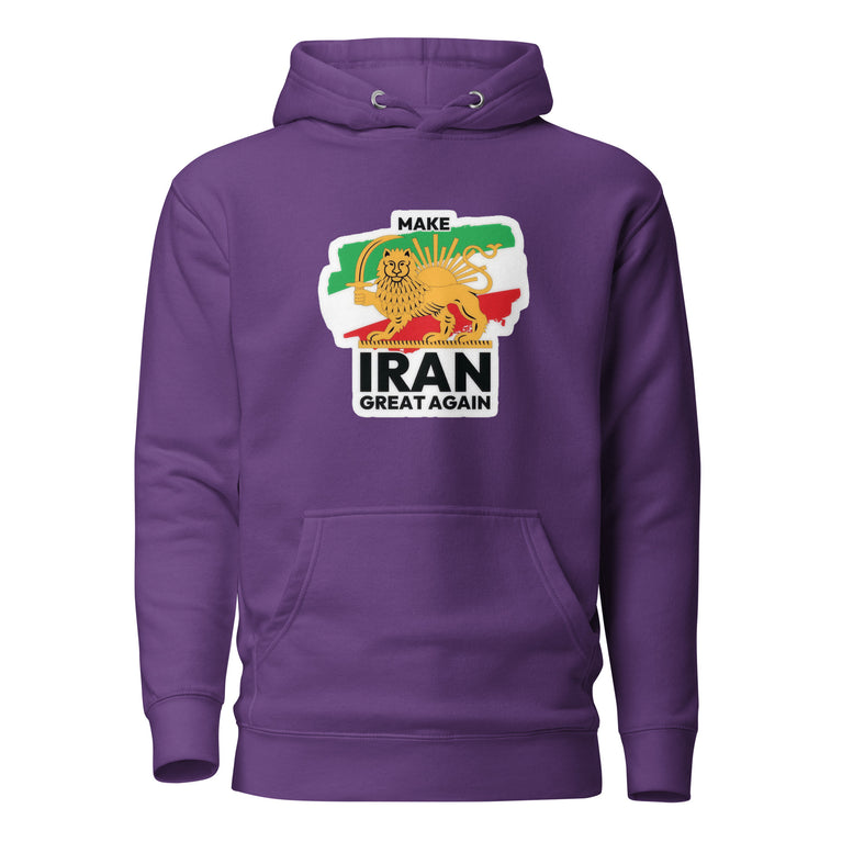 Make Iran Great Again Unisex Hoodie featuring a lion emblem and vibrant colors on a Purple.