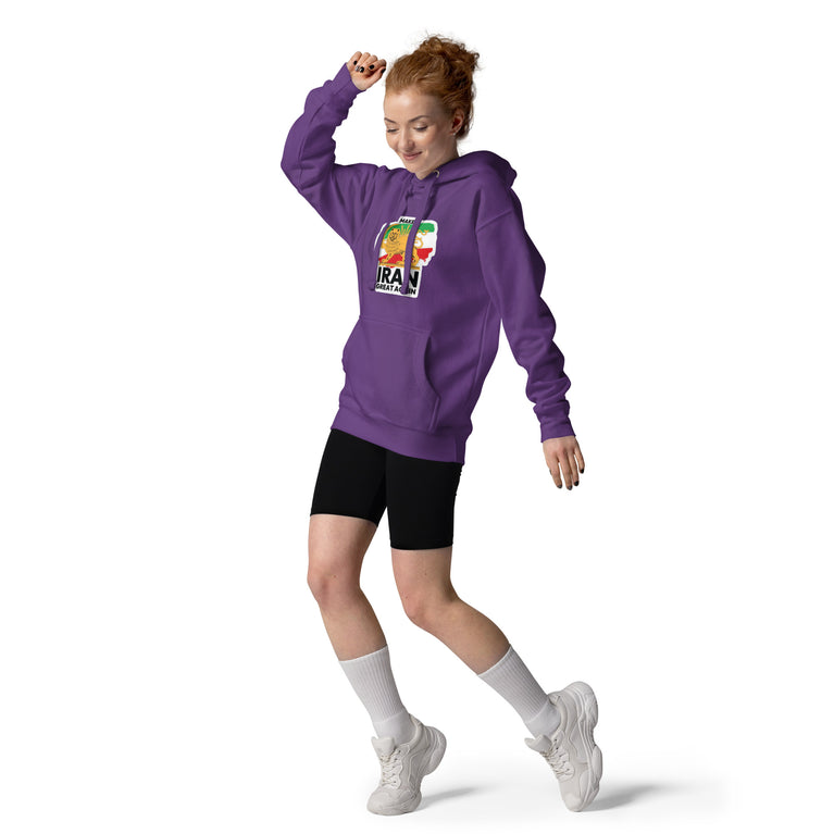 Make Iran Great Again Unisex Hoodie featuring a lion emblem and vibrant colors on a Purple.