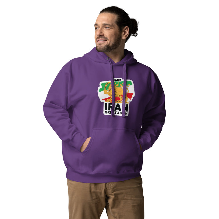 Make Iran Great Again Unisex Hoodie featuring a lion emblem and vibrant colors on a Purple.