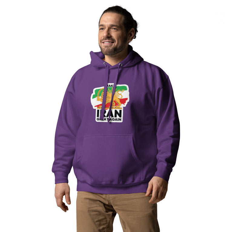 Make Iran Great Again Unisex Hoodie featuring a lion emblem and vibrant colors on a Purple.