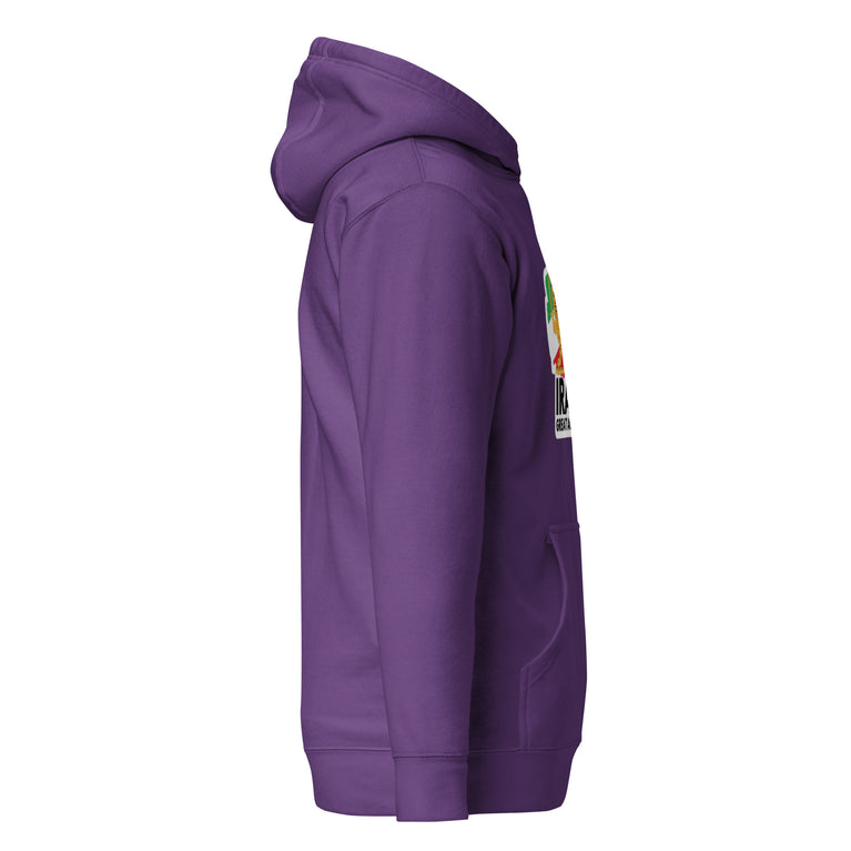 Make Iran Great Again Unisex Hoodie featuring a lion emblem and vibrant colors on a Purple.