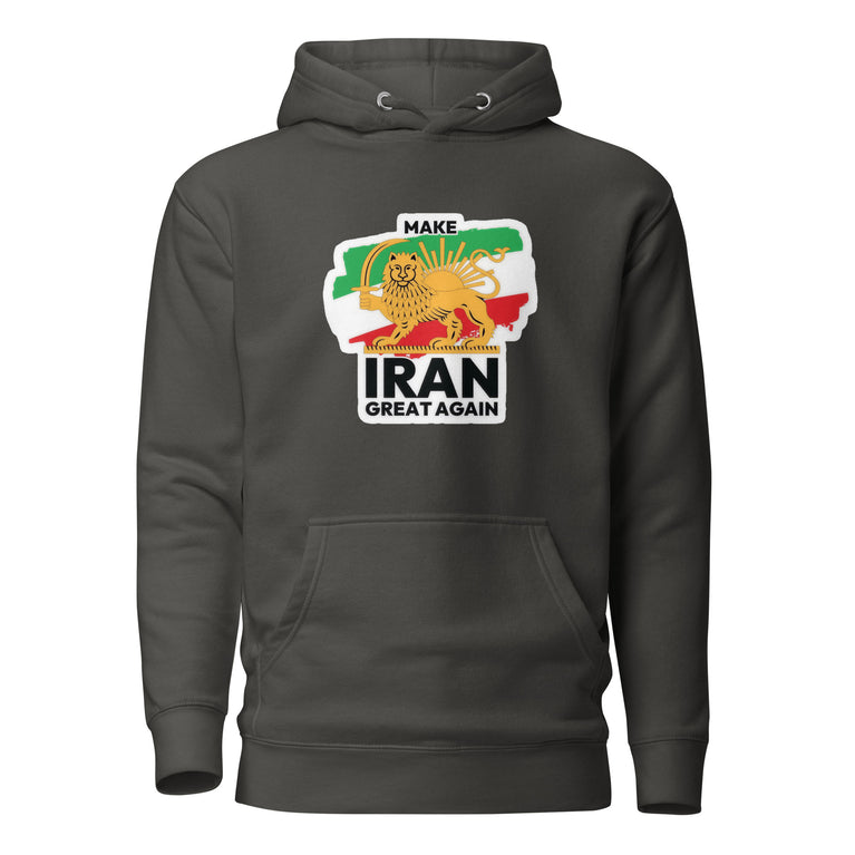 Make Iran Great Again Unisex Hoodie featuring a lion emblem and vibrant colors on a Dark Green.