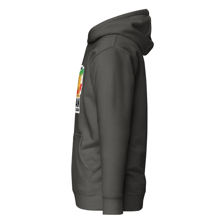 Make Iran Great Again Unisex Hoodie featuring a lion emblem and vibrant colors on a Dark Green.
