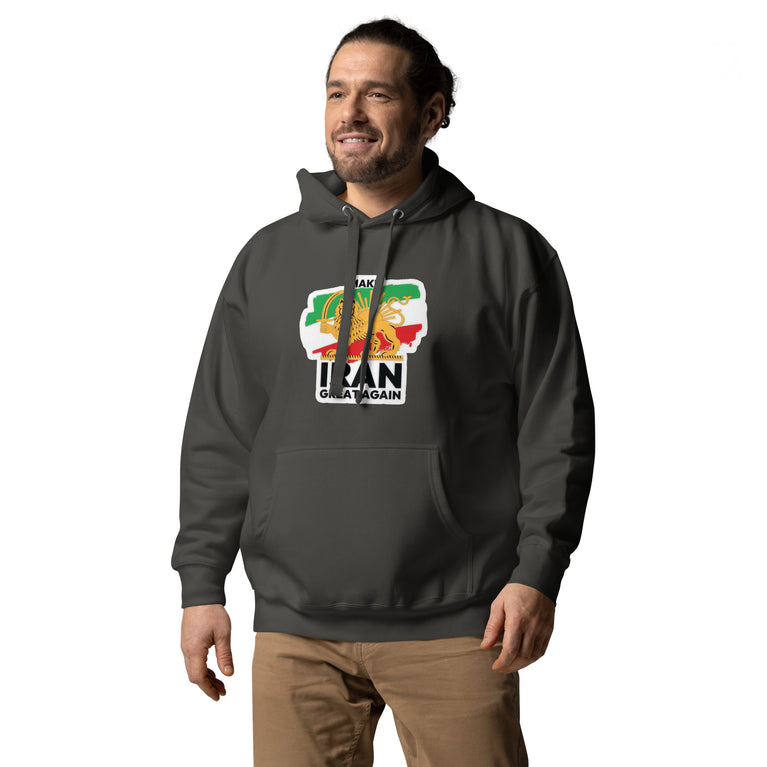 Make Iran Great Again Unisex Hoodie featuring a lion emblem and vibrant colors on a Dark Green.