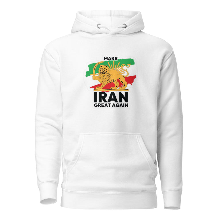 Make Iran Great Again Unisex Hoodie featuring a lion emblem and vibrant colors on a White.