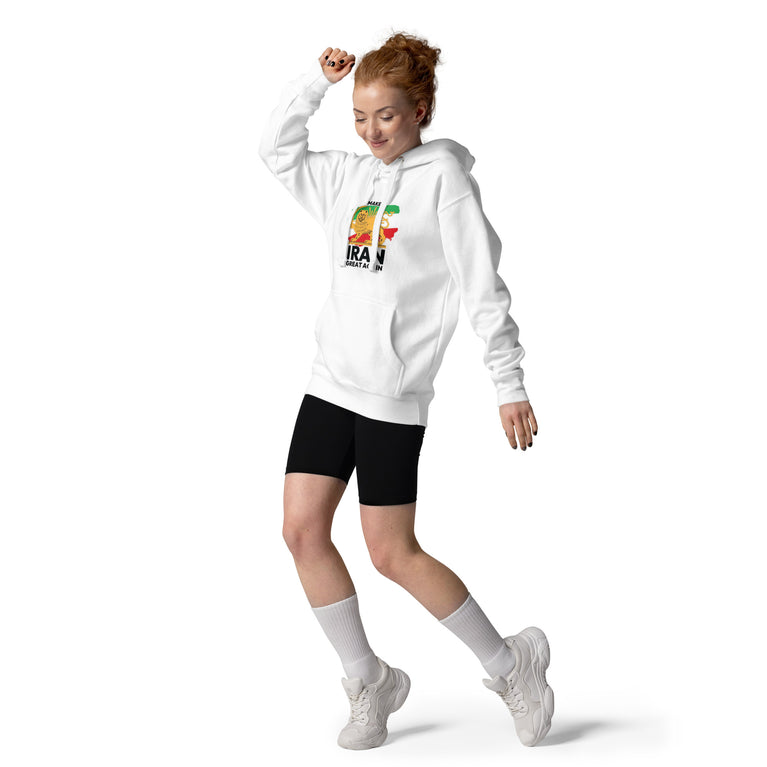 Make Iran Great Again Unisex Hoodie featuring a lion emblem and vibrant colors on a White.