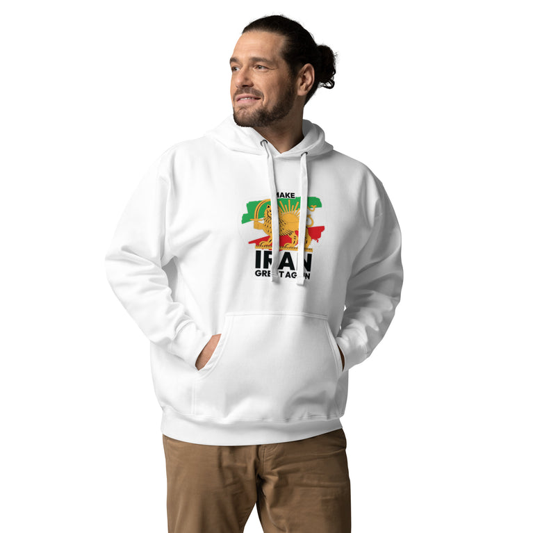 Make Iran Great Again Unisex Hoodie featuring a lion emblem and vibrant colors on a White.