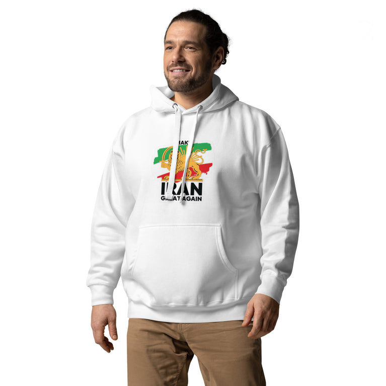 Make Iran Great Again Unisex Hoodie featuring a lion emblem and vibrant colors on a White.