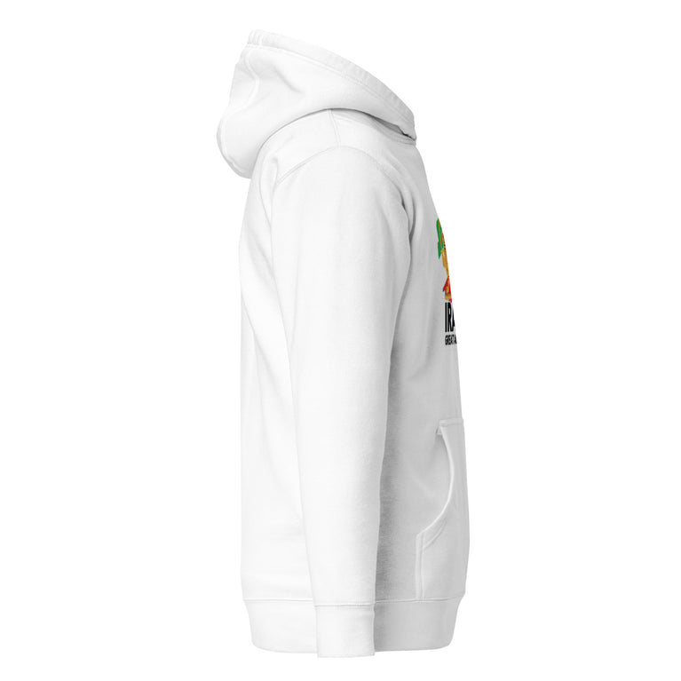 Make Iran Great Again Unisex Hoodie featuring a lion emblem and vibrant colors on a White.