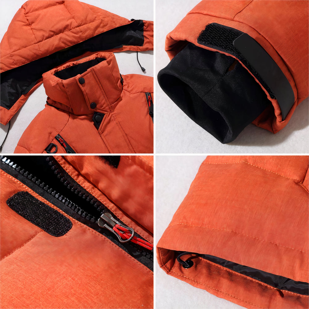 Close-up details of an orange jacket with black accents on a white background
