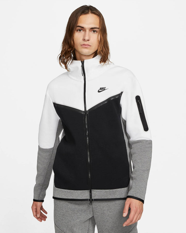 Nike Sportswear Tech Fleece Hoodie & Joggers Set White Gray displayed on a light background.
