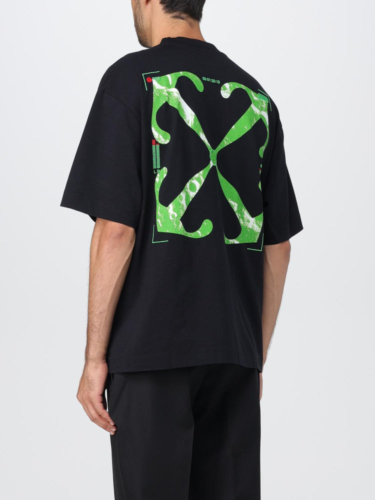 Off White Moon Cam Arrow Tshirt featuring a bold green graphic on a black backg