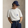 Polo Ralph Lauren Dodgers Tshirt displayed on a hanger, featuring a white color and Dodgers logo on the pocket.