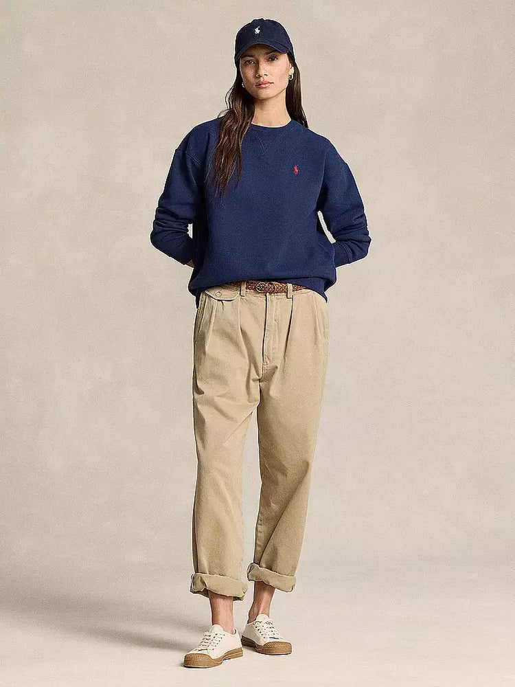 Men's Polo Ralph Lauren navy sweatshirt paired with beige pants