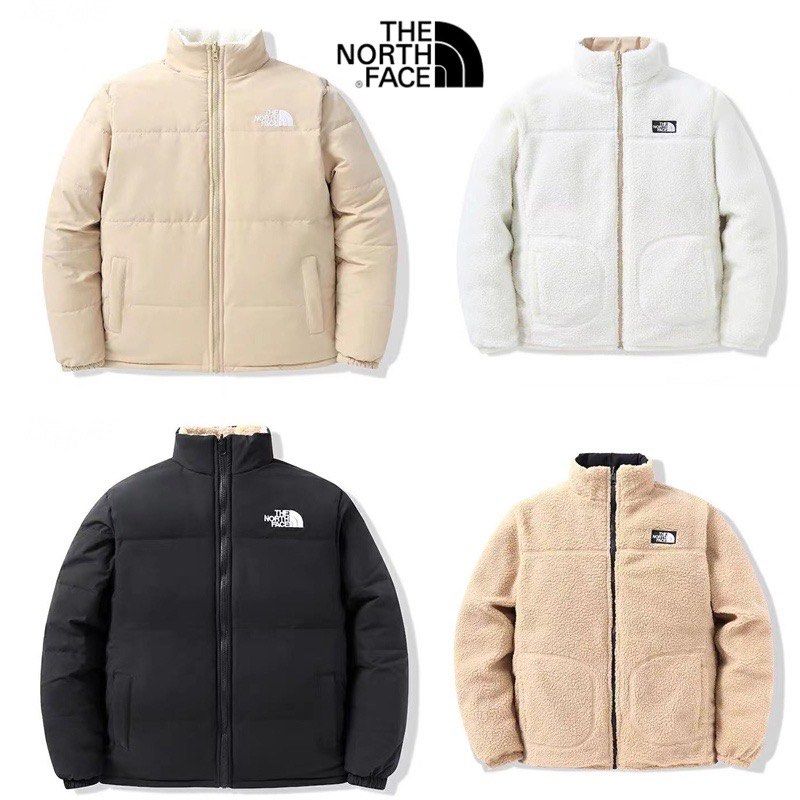 The NorthFace Two Sided Coat for Women and Men. Four North Face jackets in different colors on a white background