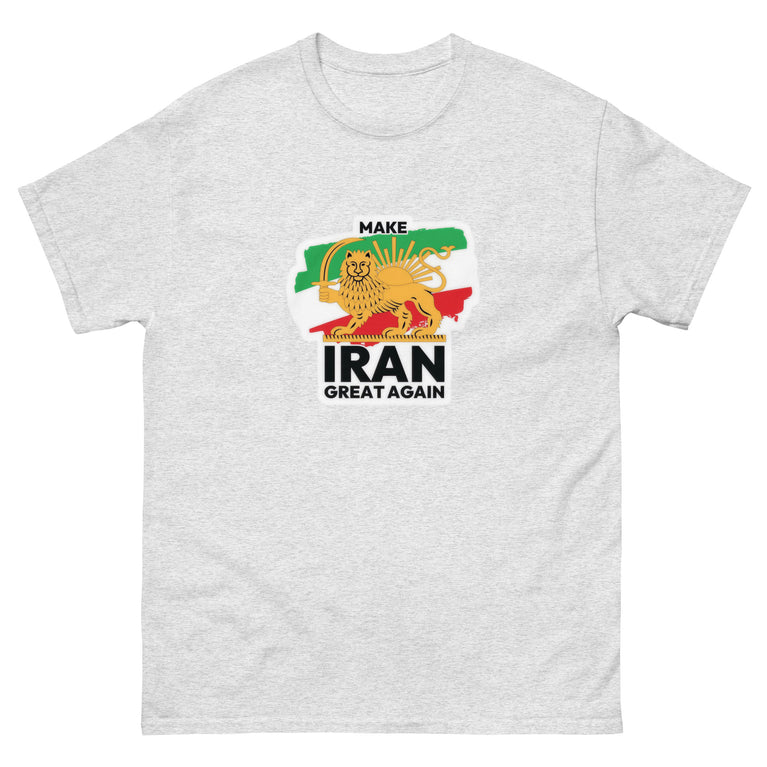 Make Iran Great Again Unisex classic Tshirt featuring a lion design on a White.