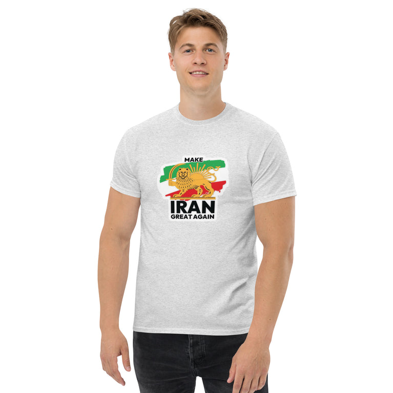 Make Iran Great Again Unisex classic Tshirt featuring a lion design on a White.