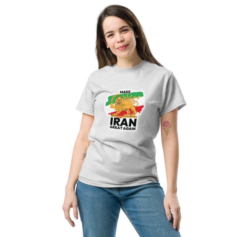 Make Iran Great Again Unisex classic Tshirt featuring a lion design on a White.
