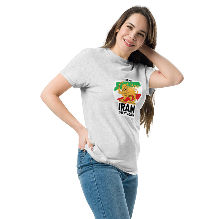 Make Iran Great Again Unisex classic Tshirt featuring a lion design on a White.