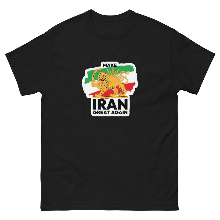Make Iran Great Again Unisex classic Tshirt featuring a lion design on a white background. Make Iran Great Again Unisex classic Tshirt featuring a lion design on a Black.