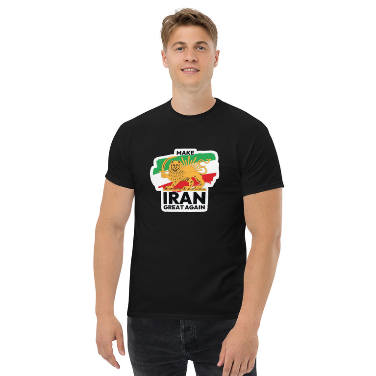 Make Iran Great Again Unisex classic Tshirt featuring a lion design on a white background. Make Iran Great Again Unisex classic Tshirt featuring a lion design on a Black.