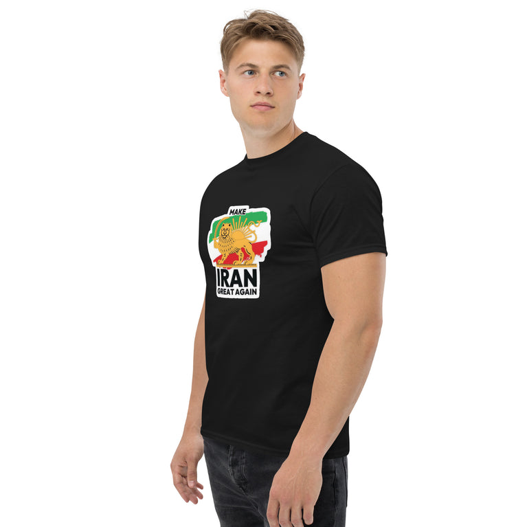 Make Iran Great Again Unisex classic Tshirt featuring a lion design on a white background. Make Iran Great Again Unisex classic Tshirt featuring a lion design on a Black.