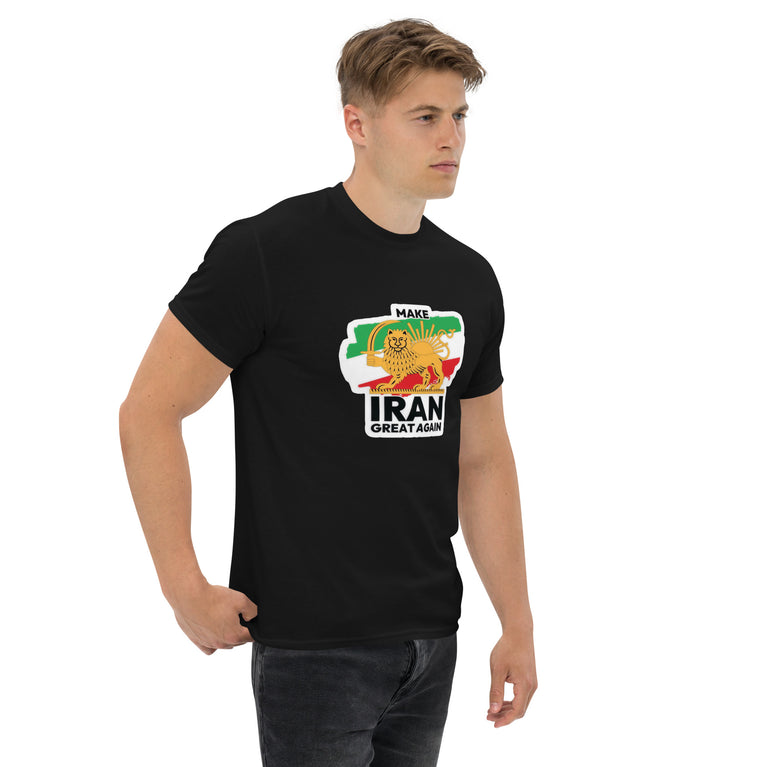 Make Iran Great Again Unisex classic Tshirt featuring a lion design on a white background. Make Iran Great Again Unisex classic Tshirt featuring a lion design on a Black.