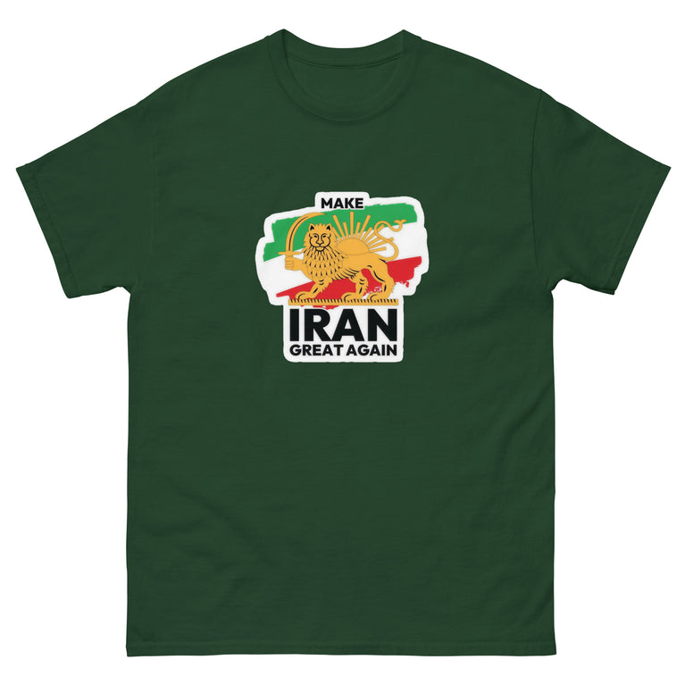 Make Iran Great Again Unisex classic Tshirt featuring a lion design on a white background. Make Iran Great Again Unisex classic Tshirt featuring a lion design on a Green.