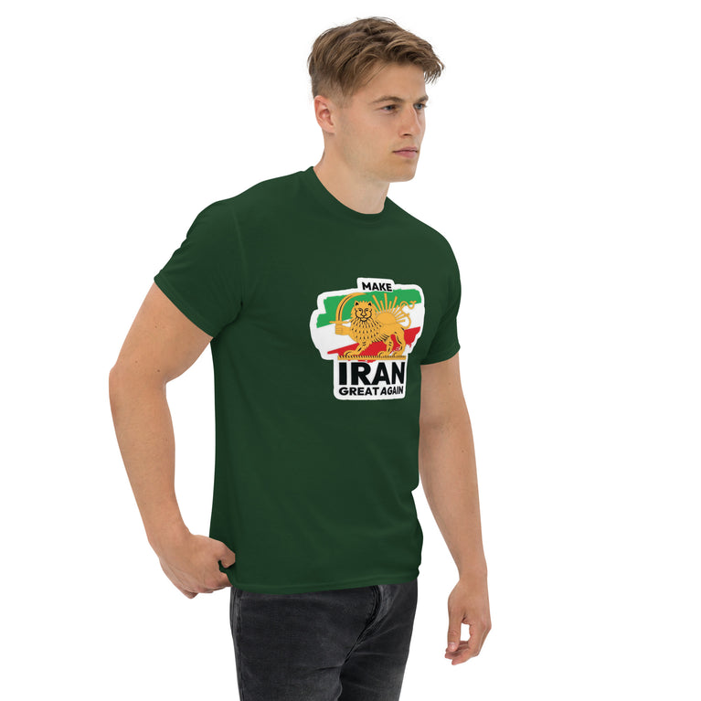 Make Iran Great Again Unisex classic Tshirt featuring a lion design on a white background. Make Iran Great Again Unisex classic Tshirt featuring a lion design on a Green.