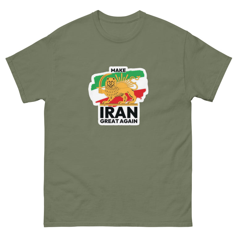 Make Iran Great Again Unisex classic Tshirt featuring a lion design on a white background. Make Iran Great Again Unisex classic Tshirt featuring a lion design on a Green.