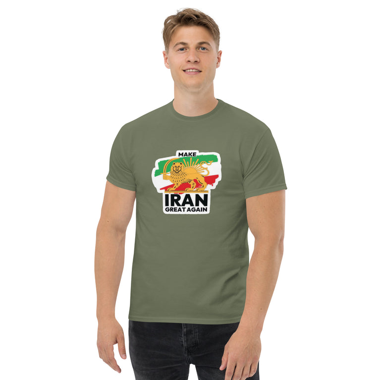Make Iran Great Again Unisex classic Tshirt featuring a lion design on a white background. Make Iran Great Again Unisex classic Tshirt featuring a lion design on a Green.