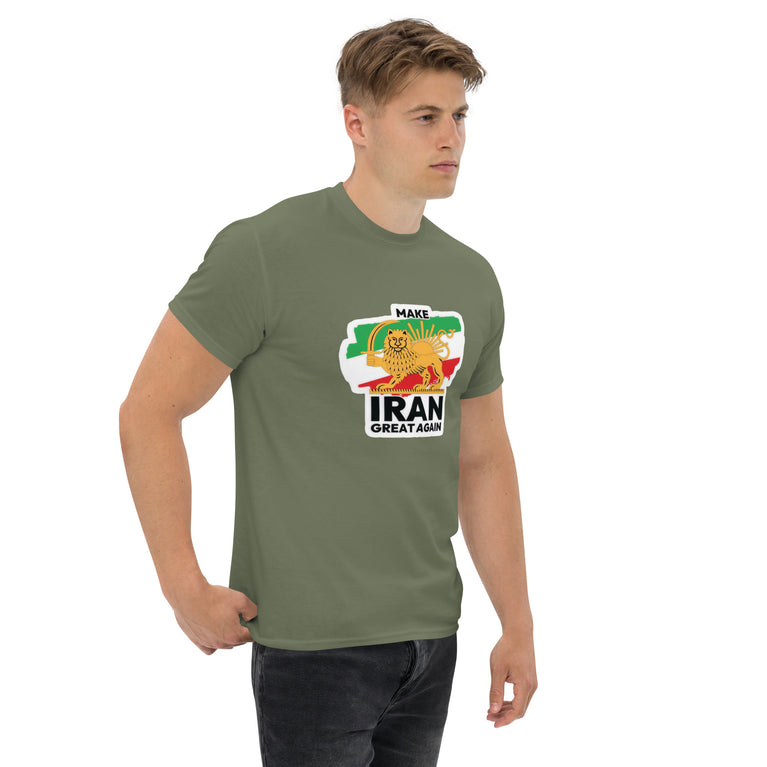 Make Iran Great Again Unisex classic Tshirt featuring a lion design on a white background. Make Iran Great Again Unisex classic Tshirt featuring a lion design on a Green.