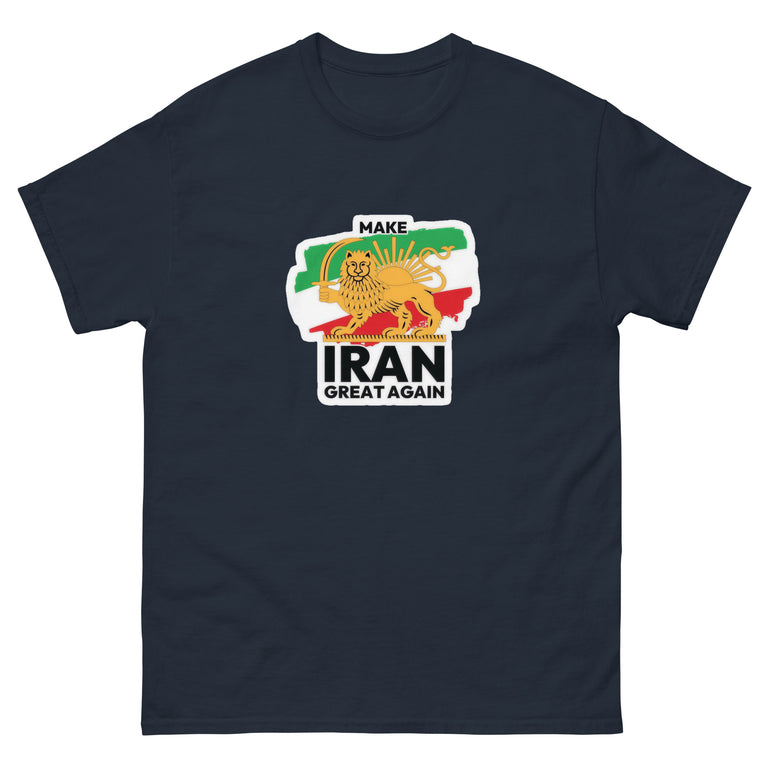 Make Iran Great Again Unisex classic Tshirt featuring a lion design on a white background. Make Iran Great Again Unisex classic Tshirt featuring a lion design on a Navy.